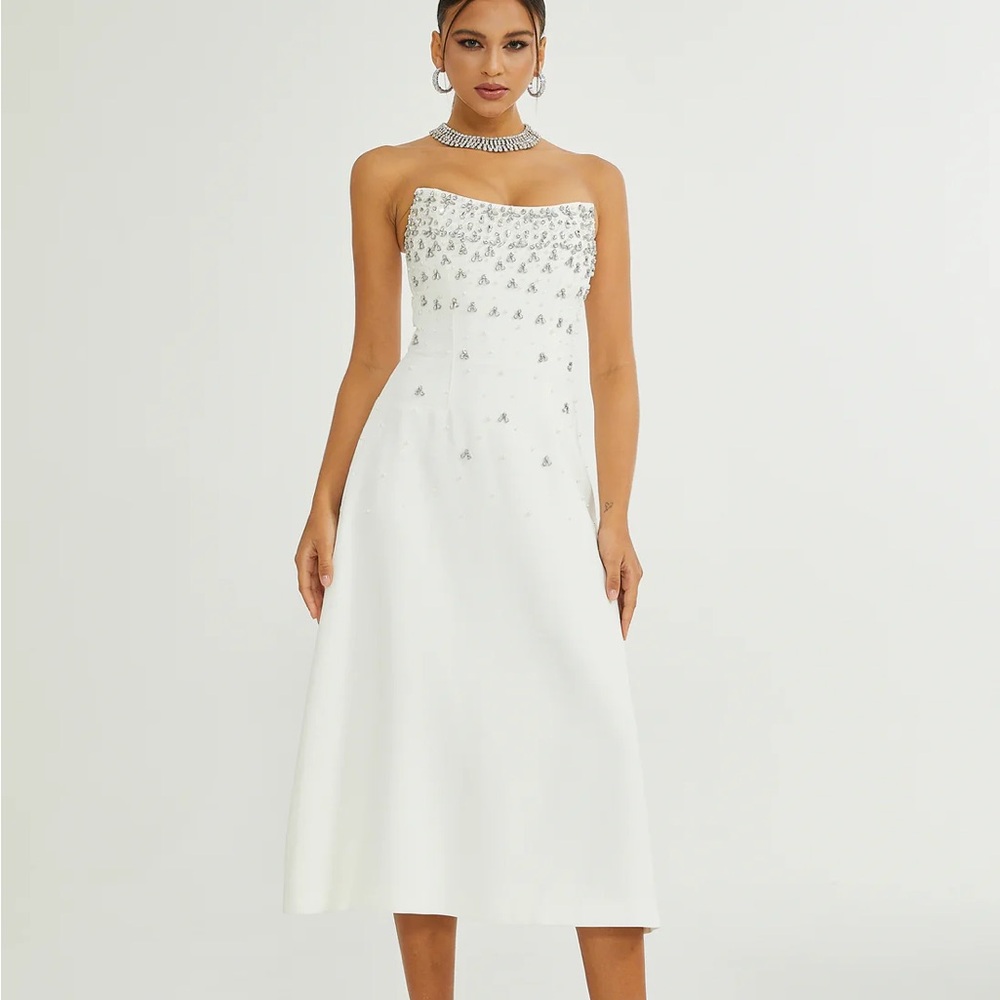 WHITE EMBELLISHED MIDI DRESS